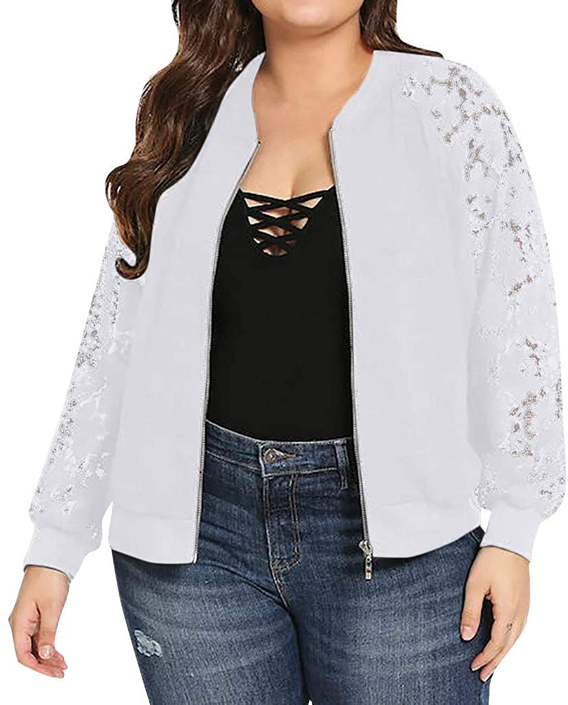 WUAI-Women Bomer Jackets Plus Size Casual Lace Loose Long Sleeve Coat Outwear Cardigans Tops