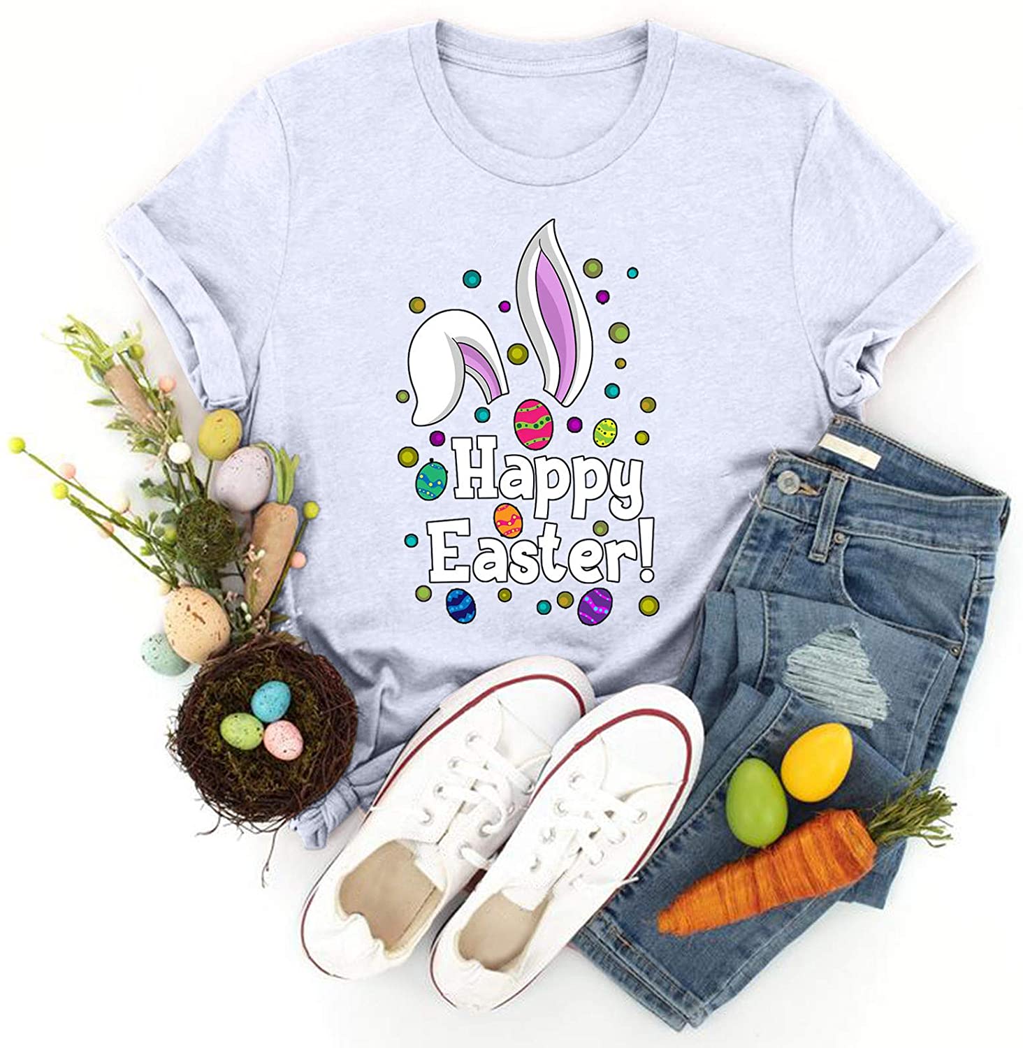 Dosoop Womens Happy Easter Letter Printed T-Shirt Short Sleeve Graphic Shirts Tees Crewneck Casual L