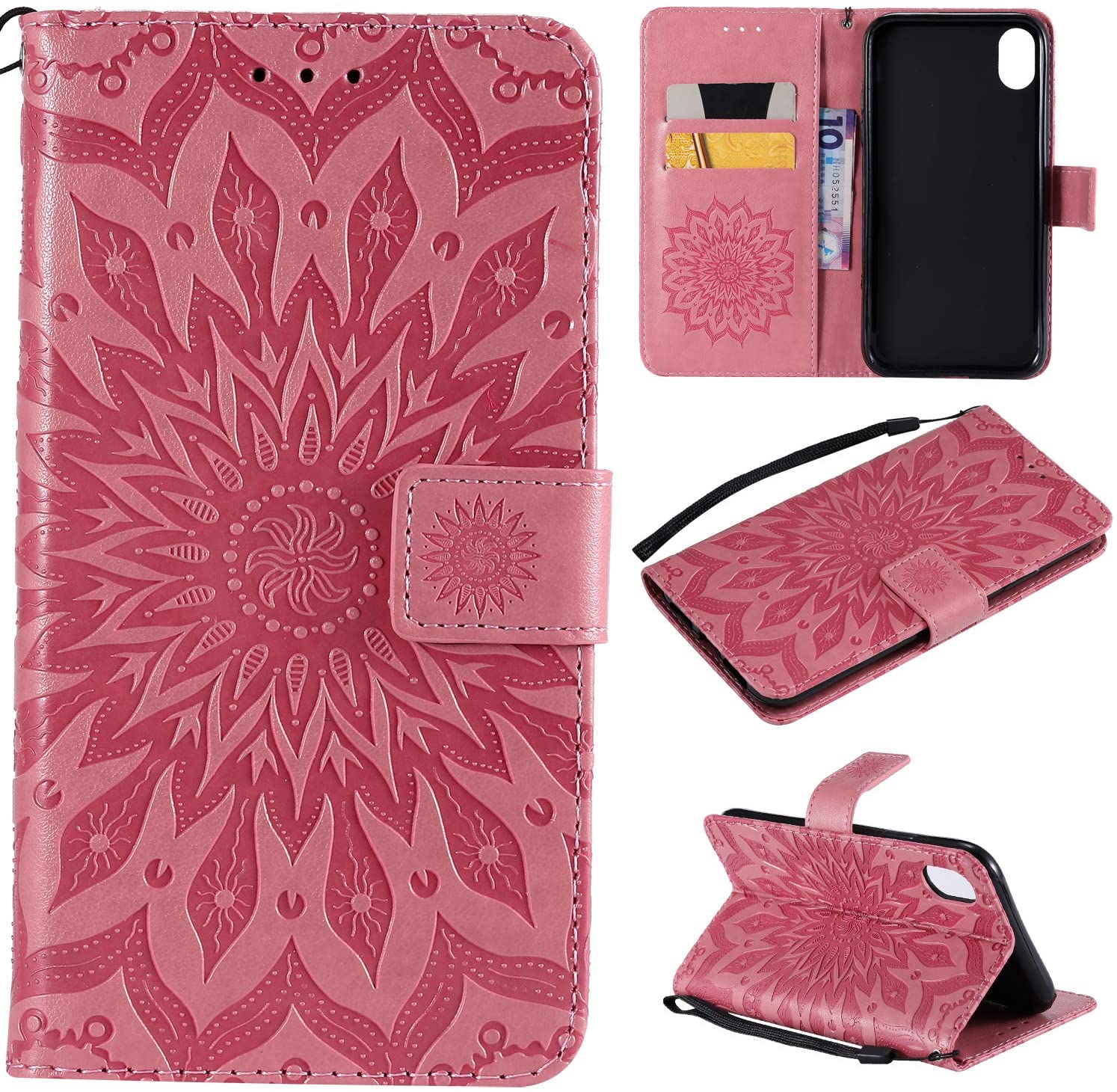 Cfrau Kickstand Wallet Case with Black Stylus for iPhone XR 6.1 inch,Retro Mandala Sunflower PU Leat