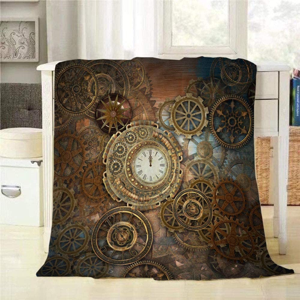 Mugod Clock and Gears Blanket Rusty Steampunk Clock and Gears Bronze Old Vintage Fuzzy Soft Cozy War