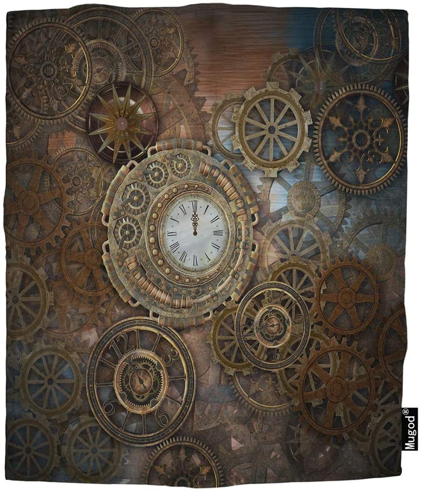 Mugod Clock and Gears Blanket Rusty Steampunk Clock and Gears Bronze Old Vintage Fuzzy Soft Cozy War