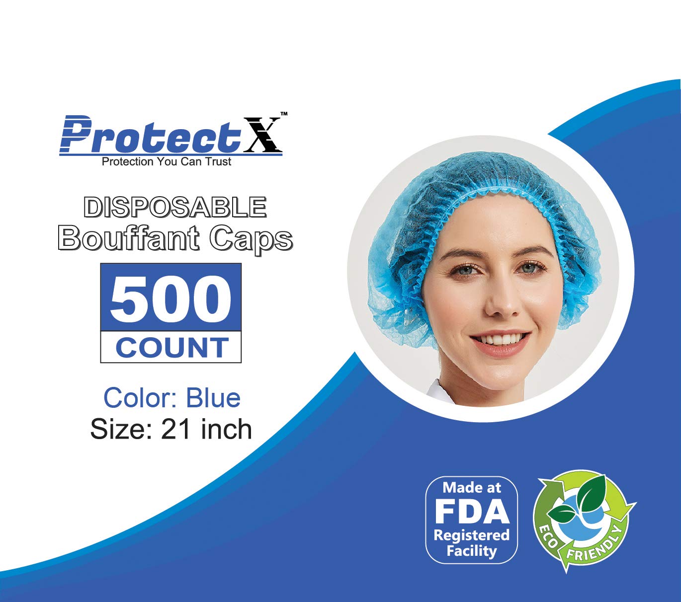 ProtectX Disposable Bouffant (Hair Net) Caps Hair Head Cover Nets 21” (Blue 500 pack)