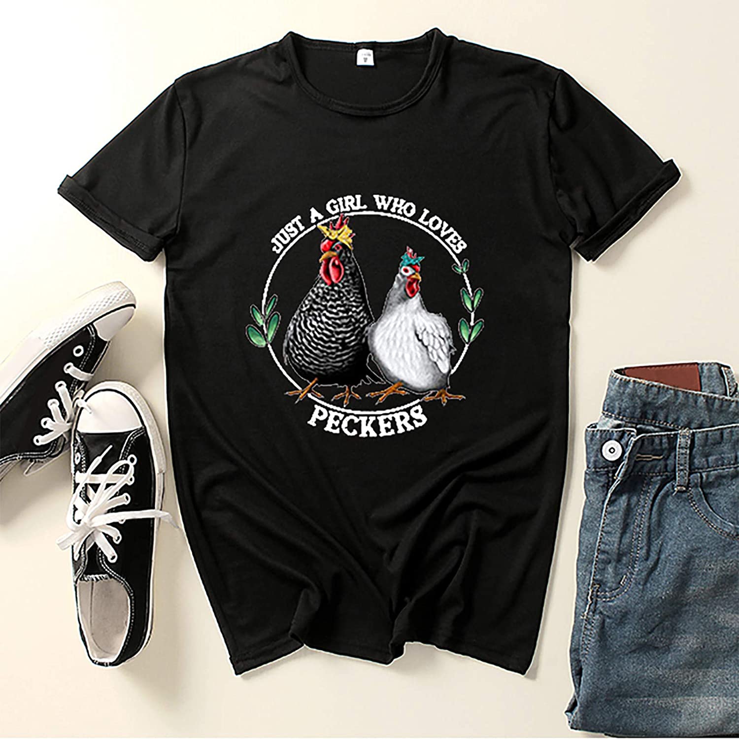 Dosoop Womens Just A Girl Who Loves Peckers Shirts Womens Funny Chicken Gift Crewneck T-Shirt Top Bl