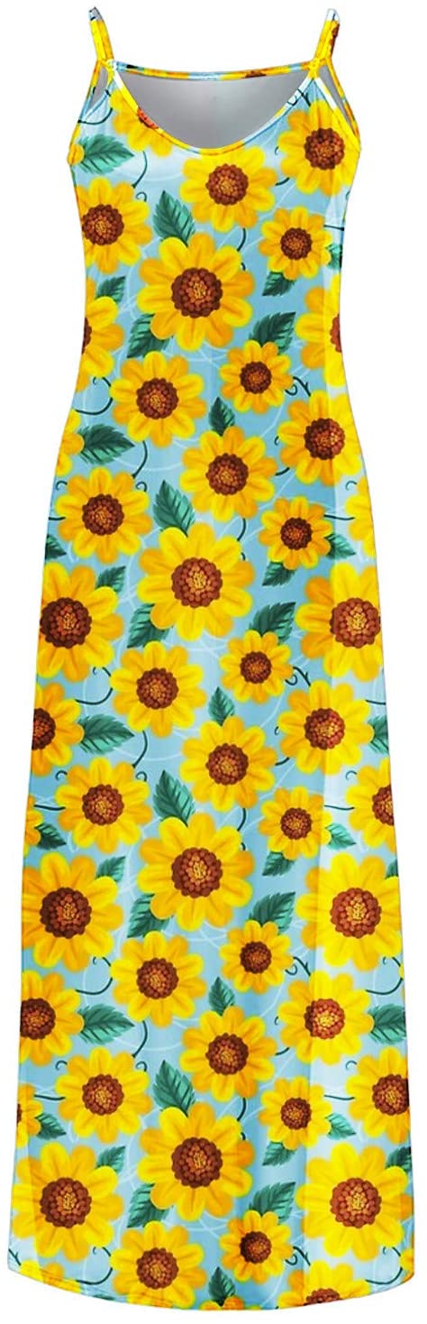Womens Sleeveless Camisole Long Dresses, Butterfly Sun Moon Flower Print Loose Large Hem Spaghetti M