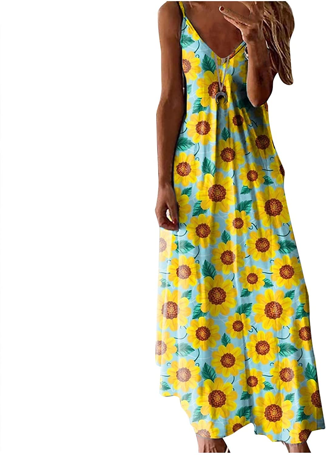 Womens Sleeveless Camisole Long Dresses, Butterfly Sun Moon Flower Print Loose Large Hem Spaghetti M