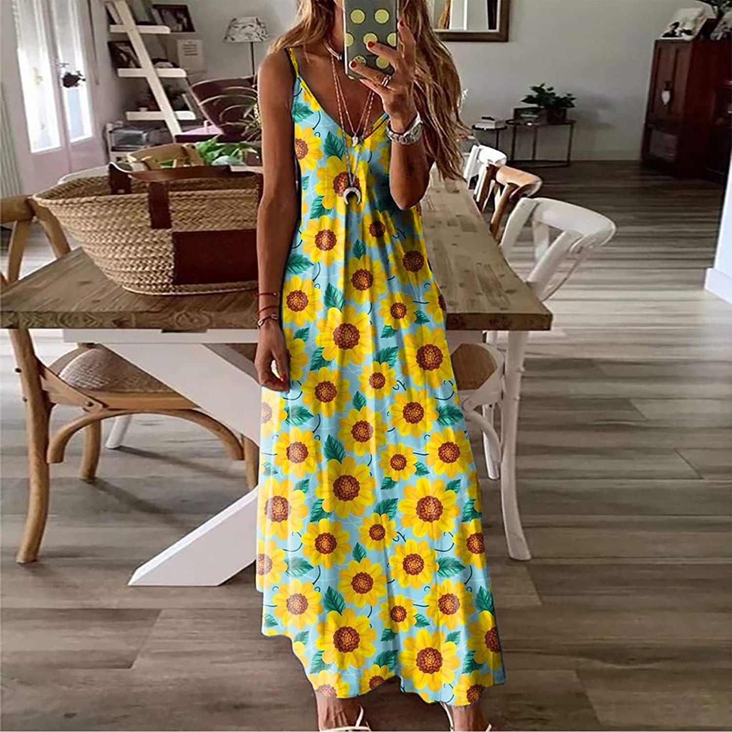 Womens Sleeveless Camisole Long Dresses, Butterfly Sun Moon Flower Print Loose Large Hem Spaghetti M