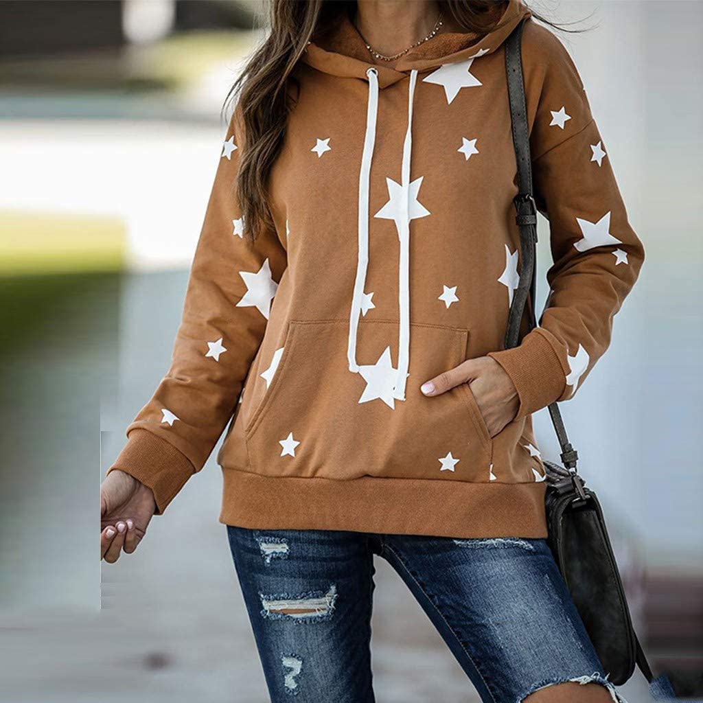 Dosoop Women Casual Tops Stars Print Shirt Long Sleeve Tunics Comfy Soft Drawstring Hoodie Pullover 