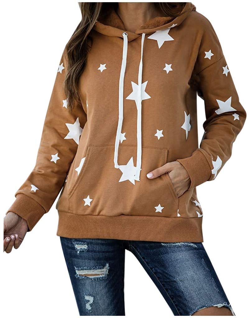 Dosoop Women Casual Tops Stars Print Shirt Long Sleeve Tunics Comfy Soft Drawstring Hoodie Pullover 