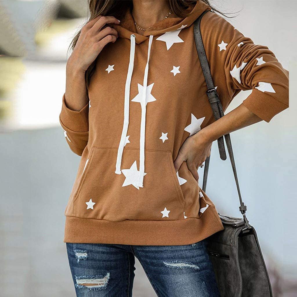 Dosoop Women Casual Tops Stars Print Shirt Long Sleeve Tunics Comfy Soft Drawstring Hoodie Pullover 