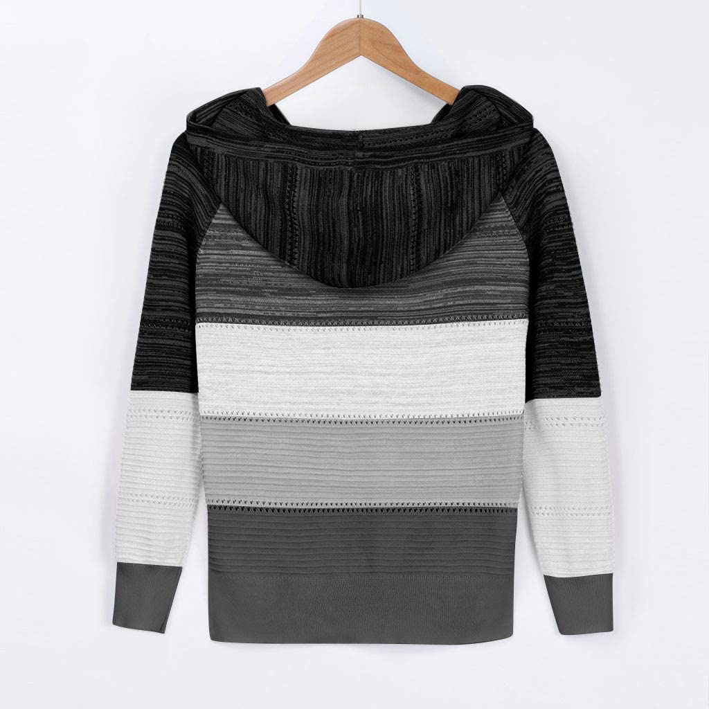 Dosoop Womens Oversized V Neck Striped Print Color Block Patchwork Hooded Sweaters Drawstring Hoodie
