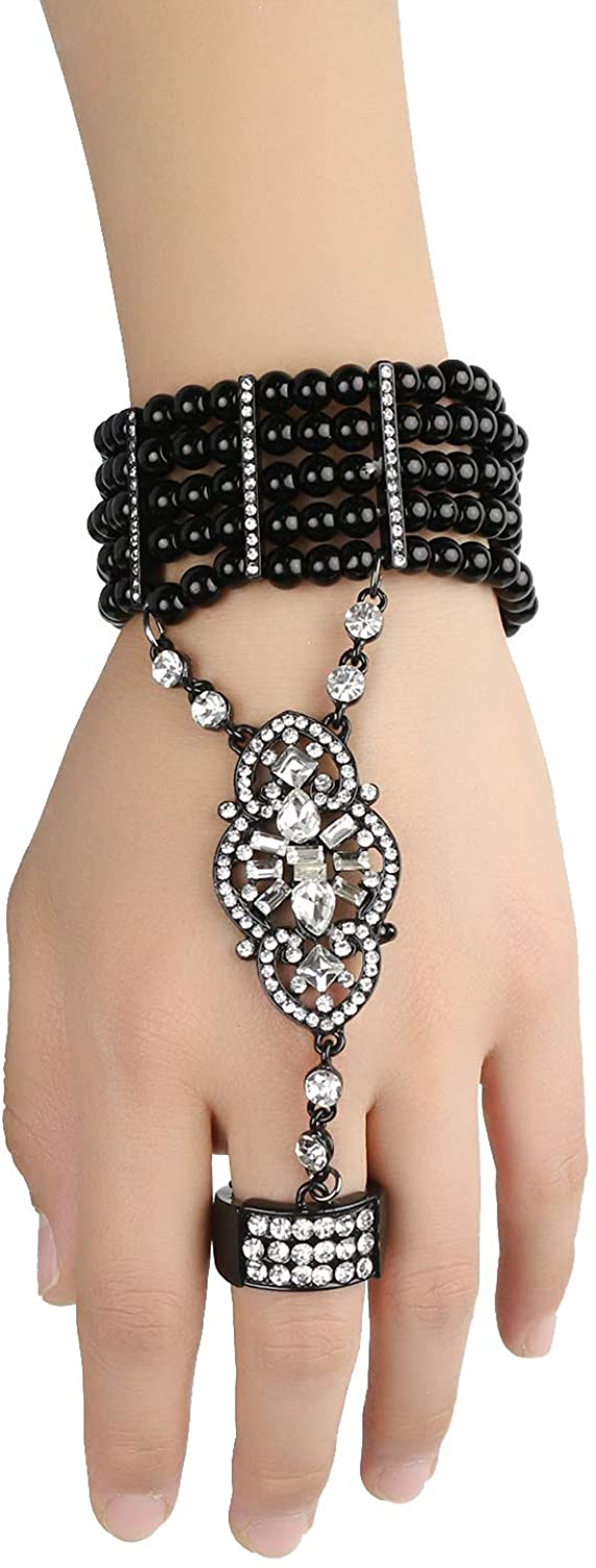 1920s Gatsby Accessories Imitation Pearls Rhinestone Bracelet Ring Vintage Flapper Wedding Bridal Je