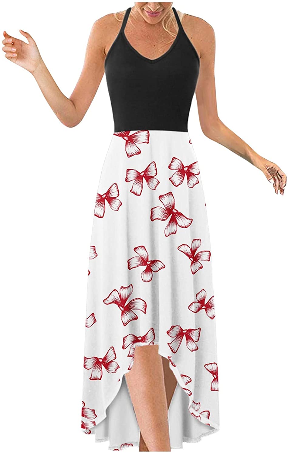 WYTong Women Sexy V-Neck Elegant Party Dress Irregular Hem Prints Long Party Dress Spaghetti Strap D