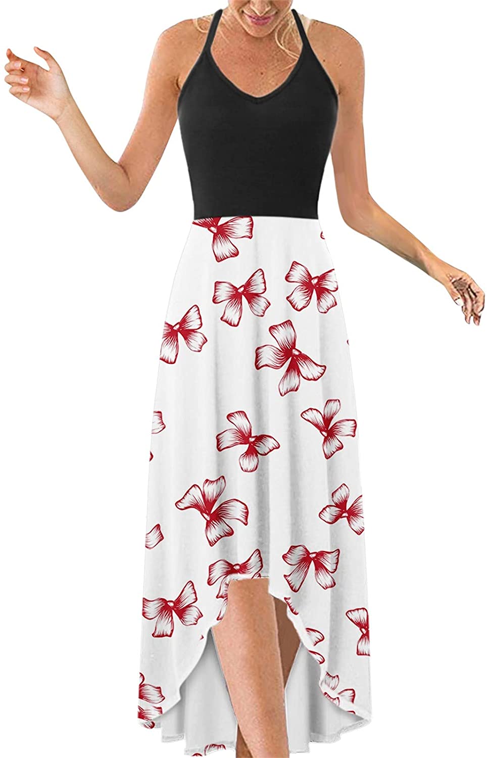 WYTong Women Sexy V-Neck Elegant Party Dress Irregular Hem Prints Long Party Dress Spaghetti Strap D