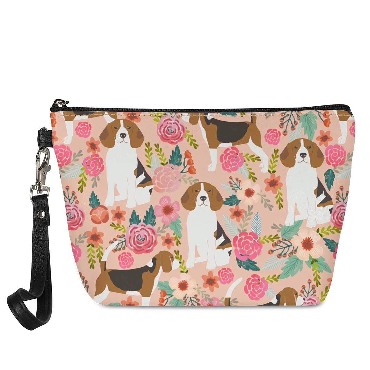Mumeson Small Toiletry Cosmetic Handy Bag for Women Ladies Pink Floral Beagles Zipper Closure Travel