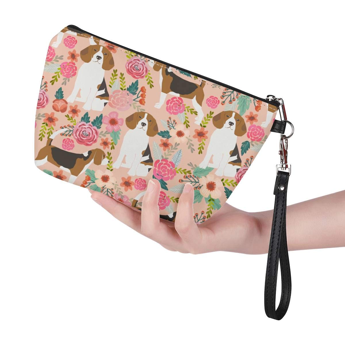 Mumeson Small Toiletry Cosmetic Handy Bag for Women Ladies Pink Floral Beagles Zipper Closure Travel