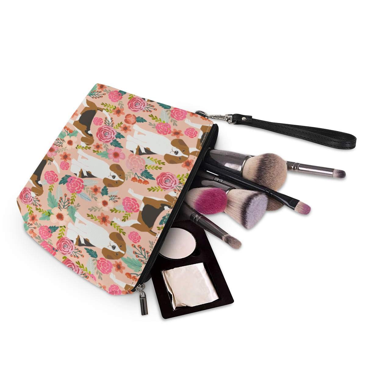 Mumeson Small Toiletry Cosmetic Handy Bag for Women Ladies Pink Floral Beagles Zipper Closure Travel