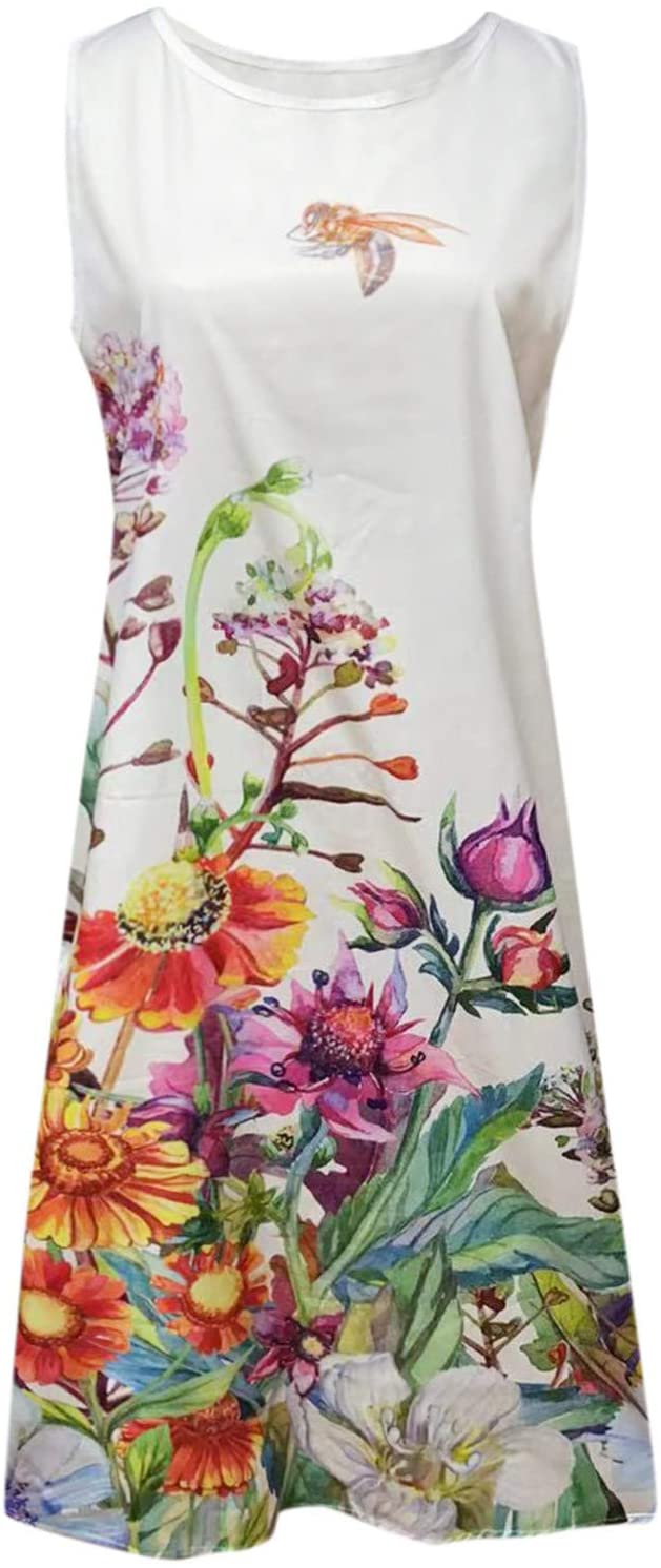 Womens Sleeveless Midi Dresses, Flower Flag Print Slim Waist Loose Pullover Pocket Summer Beach Long