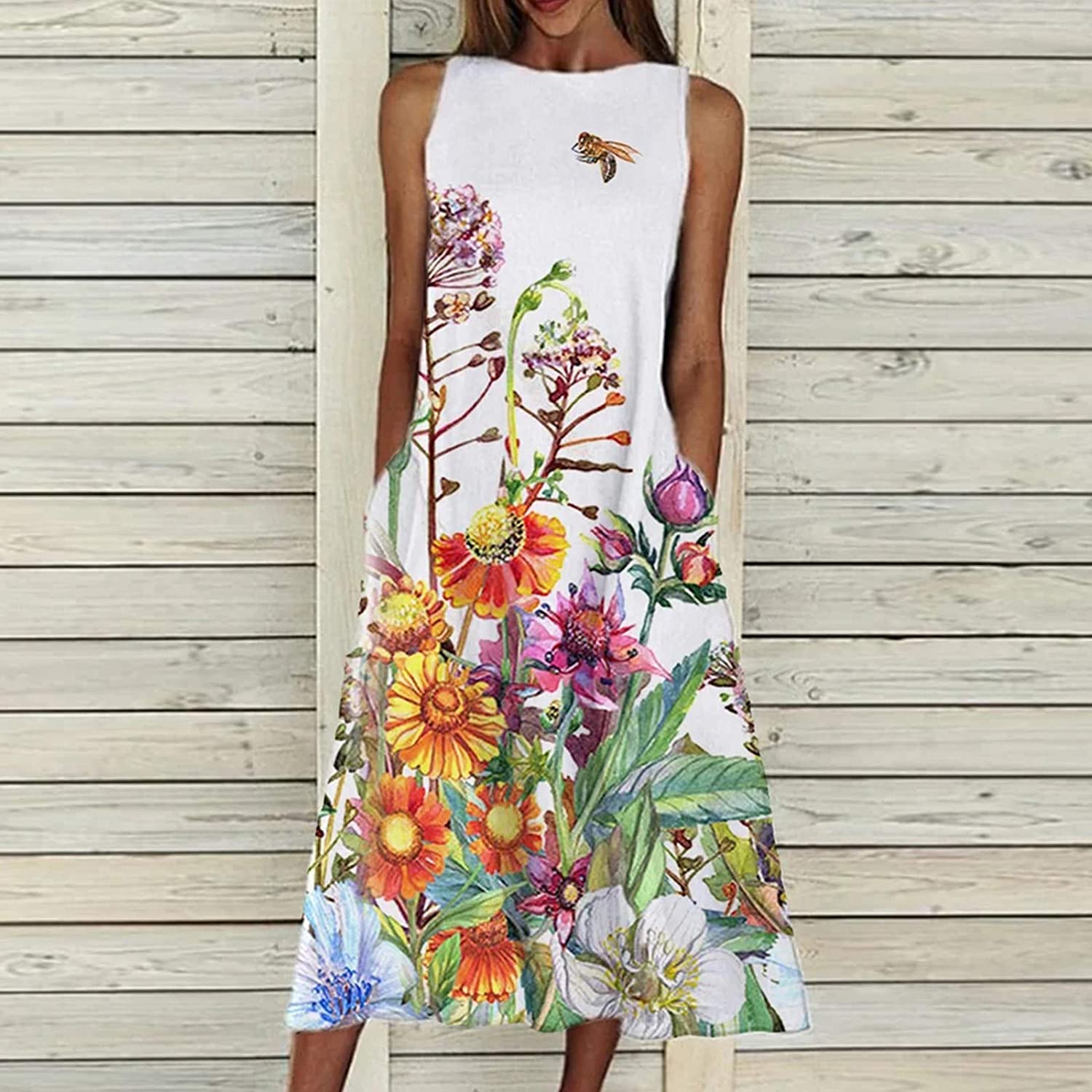 Womens Sleeveless Midi Dresses, Flower Flag Print Slim Waist Loose Pullover Pocket Summer Beach Long