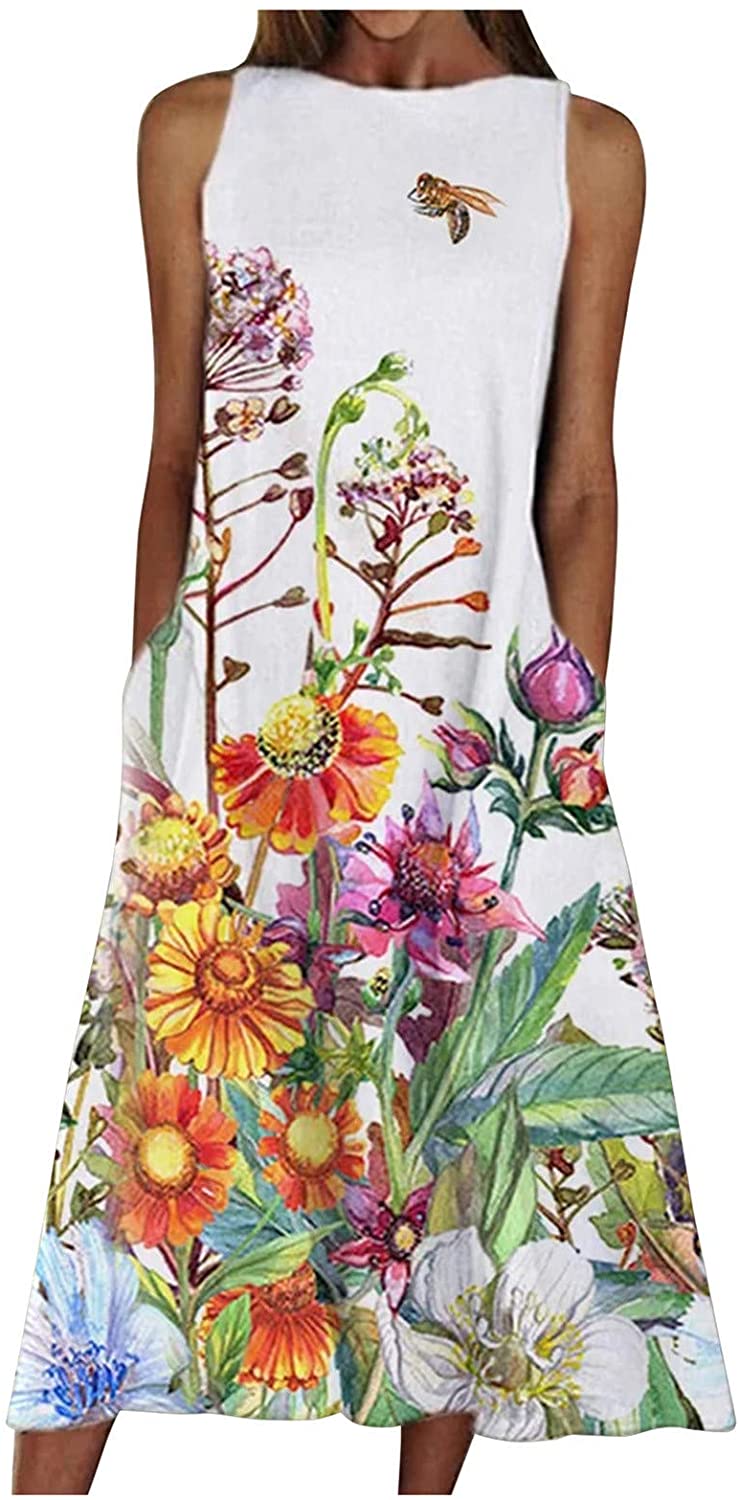 Womens Sleeveless Midi Dresses, Flower Flag Print Slim Waist Loose Pullover Pocket Summer Beach Long