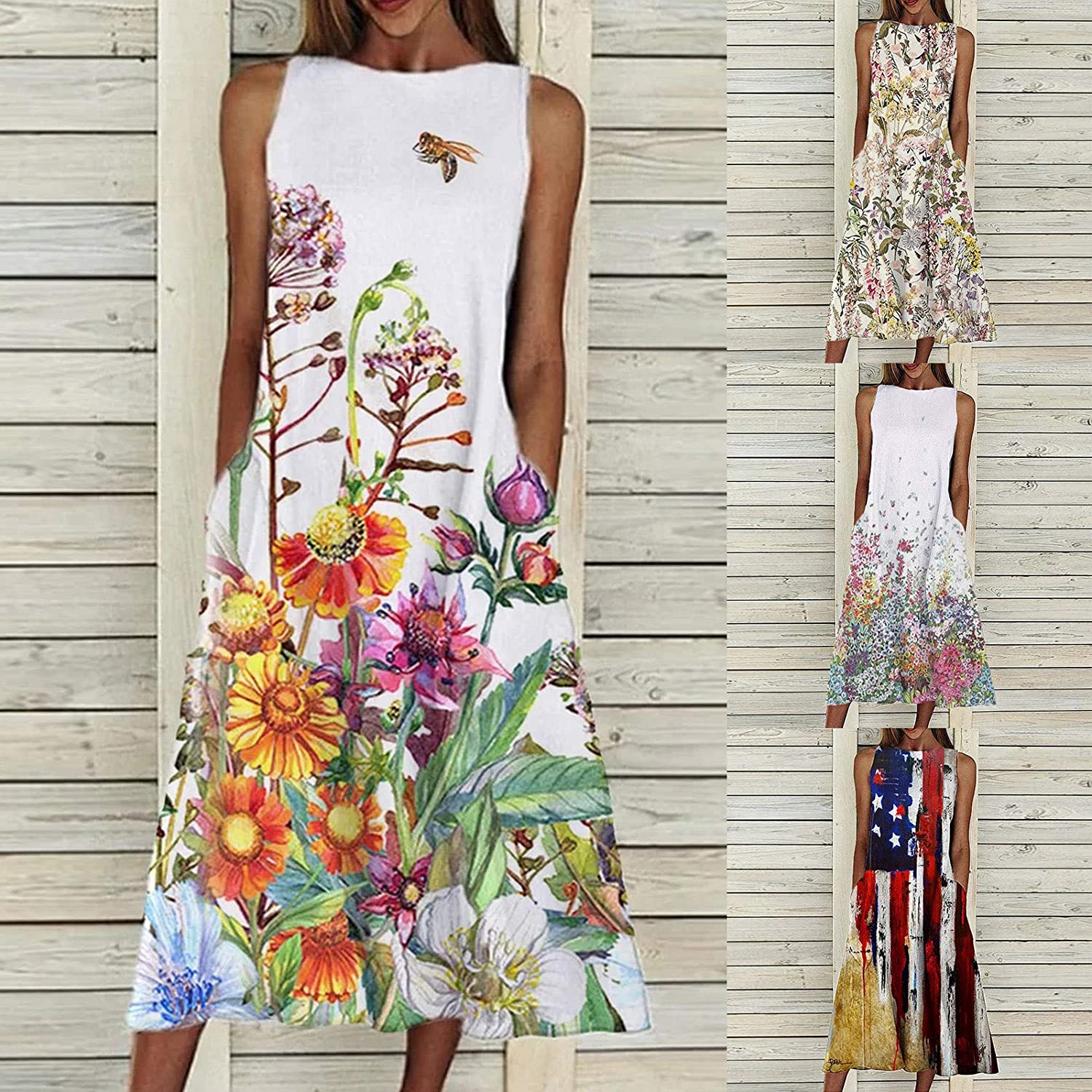 Womens Sleeveless Midi Dresses, Flower Flag Print Slim Waist Loose Pullover Pocket Summer Beach Long