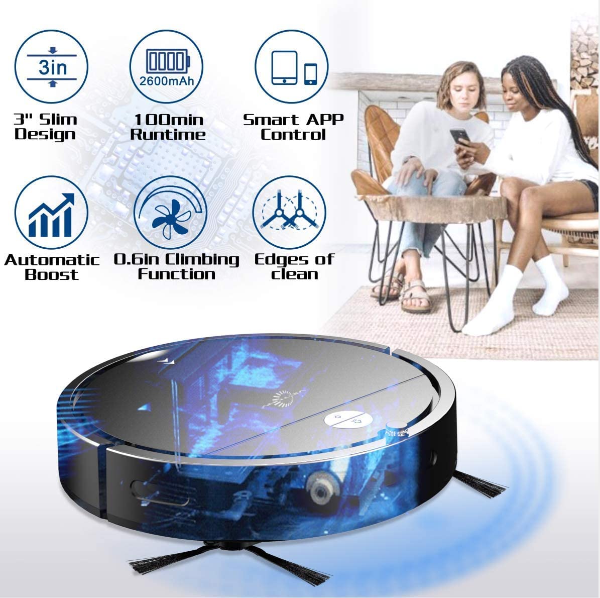 Robot Vacuum Cleaner with 360° Smart Sensor Protection, 2600mAh, 100mins Run Time, 6 Clean Modes, S