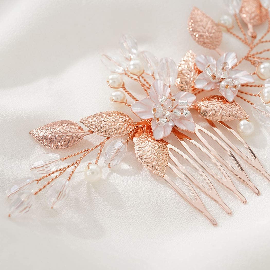 Yean Flower Bride Wedding Hair Comb Leaf Bridal Hair Piece Pearl Crystal Headpiece for Women and Gir