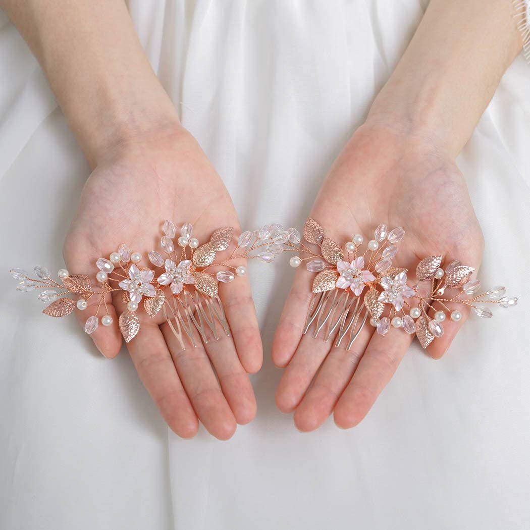 Yean Flower Bride Wedding Hair Comb Leaf Bridal Hair Piece Pearl Crystal Headpiece for Women and Gir