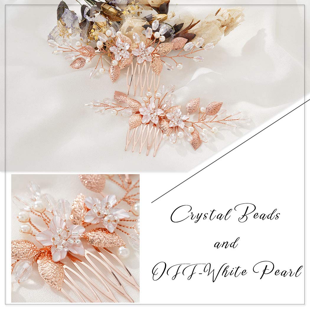 Yean Flower Bride Wedding Hair Comb Leaf Bridal Hair Piece Pearl Crystal Headpiece for Women and Gir