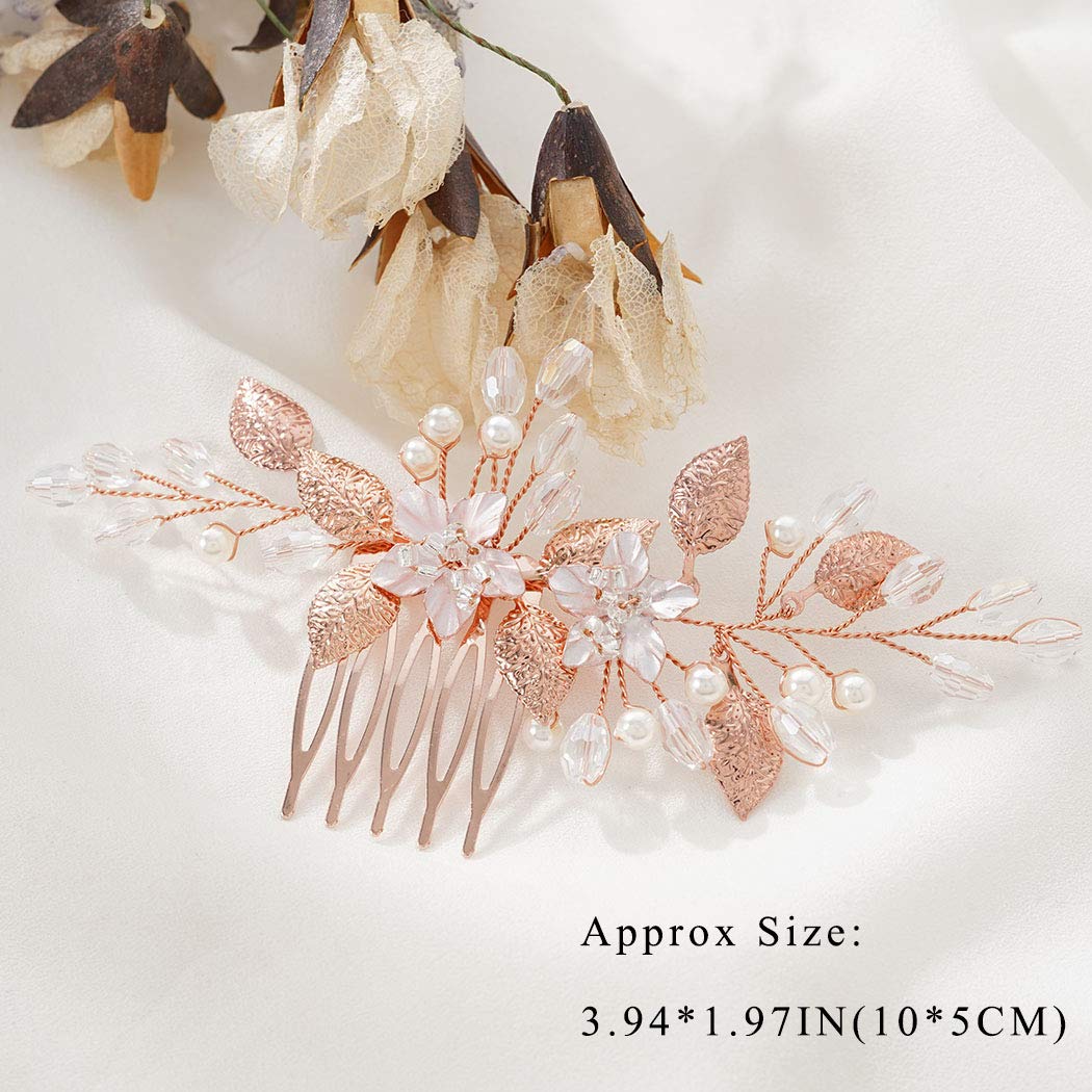Yean Flower Bride Wedding Hair Comb Leaf Bridal Hair Piece Pearl Crystal Headpiece for Women and Gir