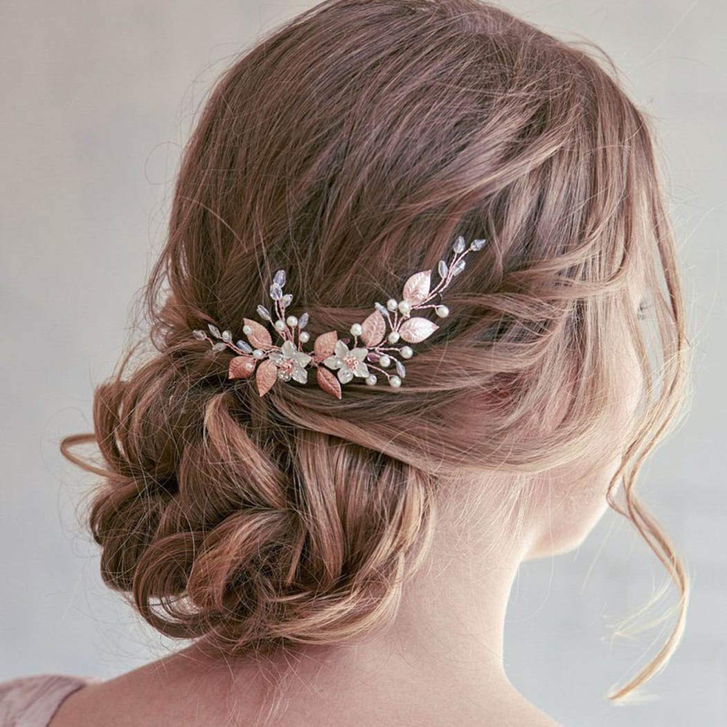 Yean Flower Bride Wedding Hair Comb Leaf Bridal Hair Piece Pearl Crystal Headpiece for Women and Gir