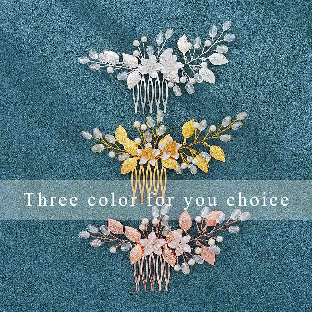 Yean Flower Bride Wedding Hair Comb Leaf Bridal Hair Piece Pearl Crystal Headpiece for Women and Gir