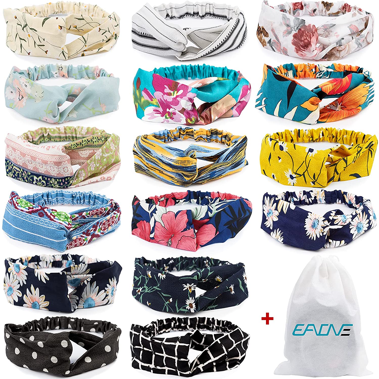 16 Pcs Boho Headbands for Women, EAONE Fashion Headbands Floral Bandeau Headbands Elastic Hair Bands