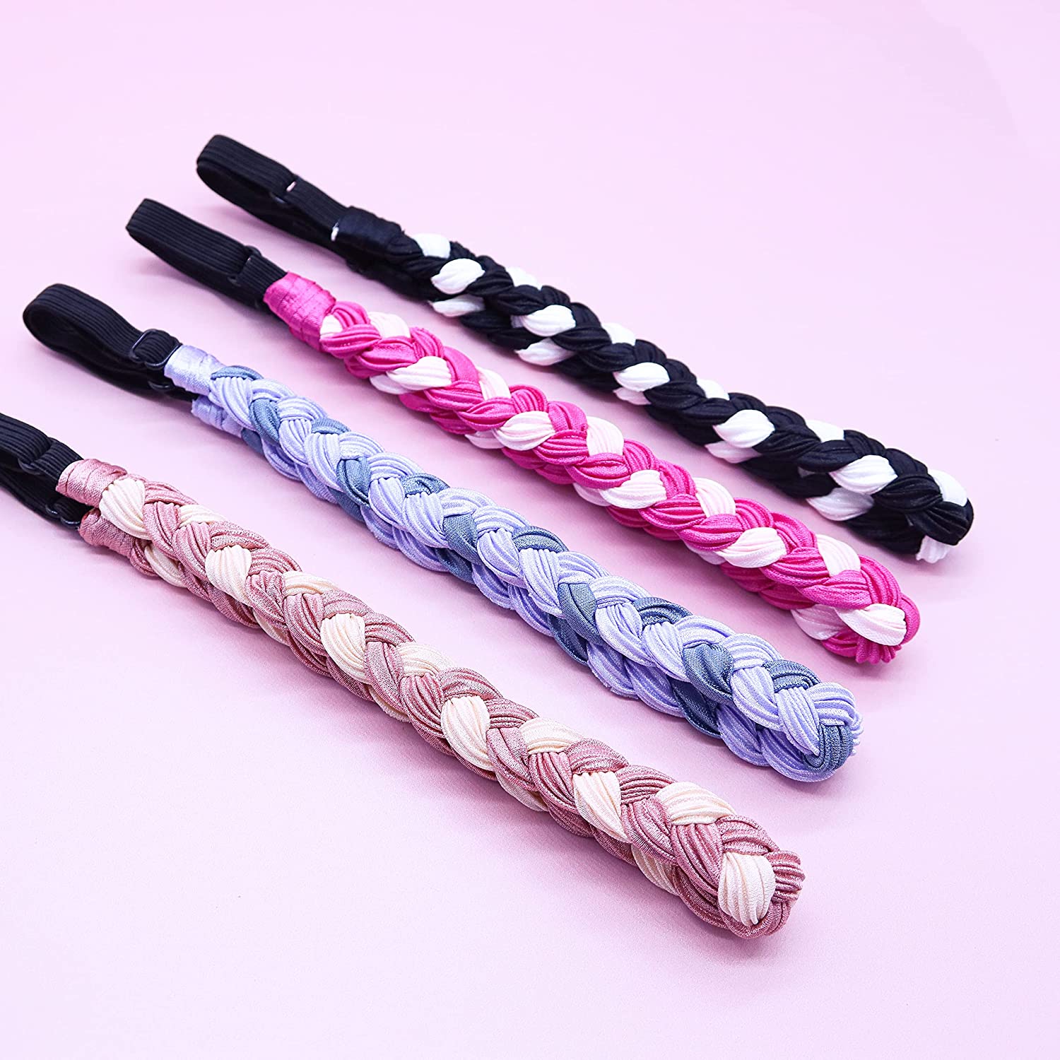 FROG SAC 4 Two Tone Braided Headbands for Women, Adjustable No Slip Braid Hairband for Girls, Girl H