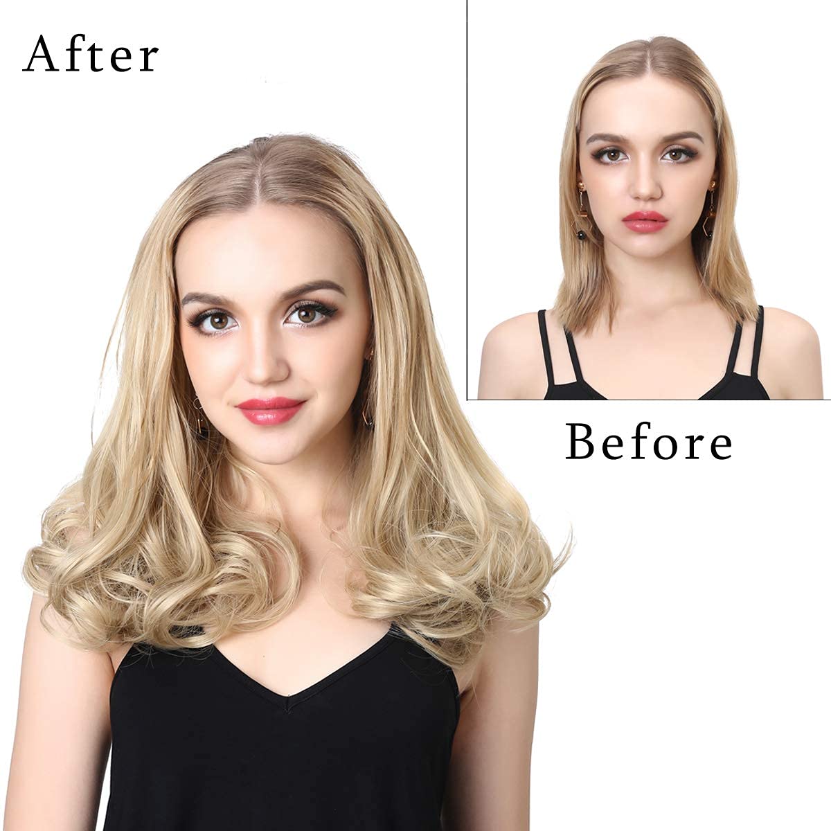 Short U Part Hair Extensions Clip in on Full Head Curly Wave Synthetic Hair pieces for Women 16 Inch