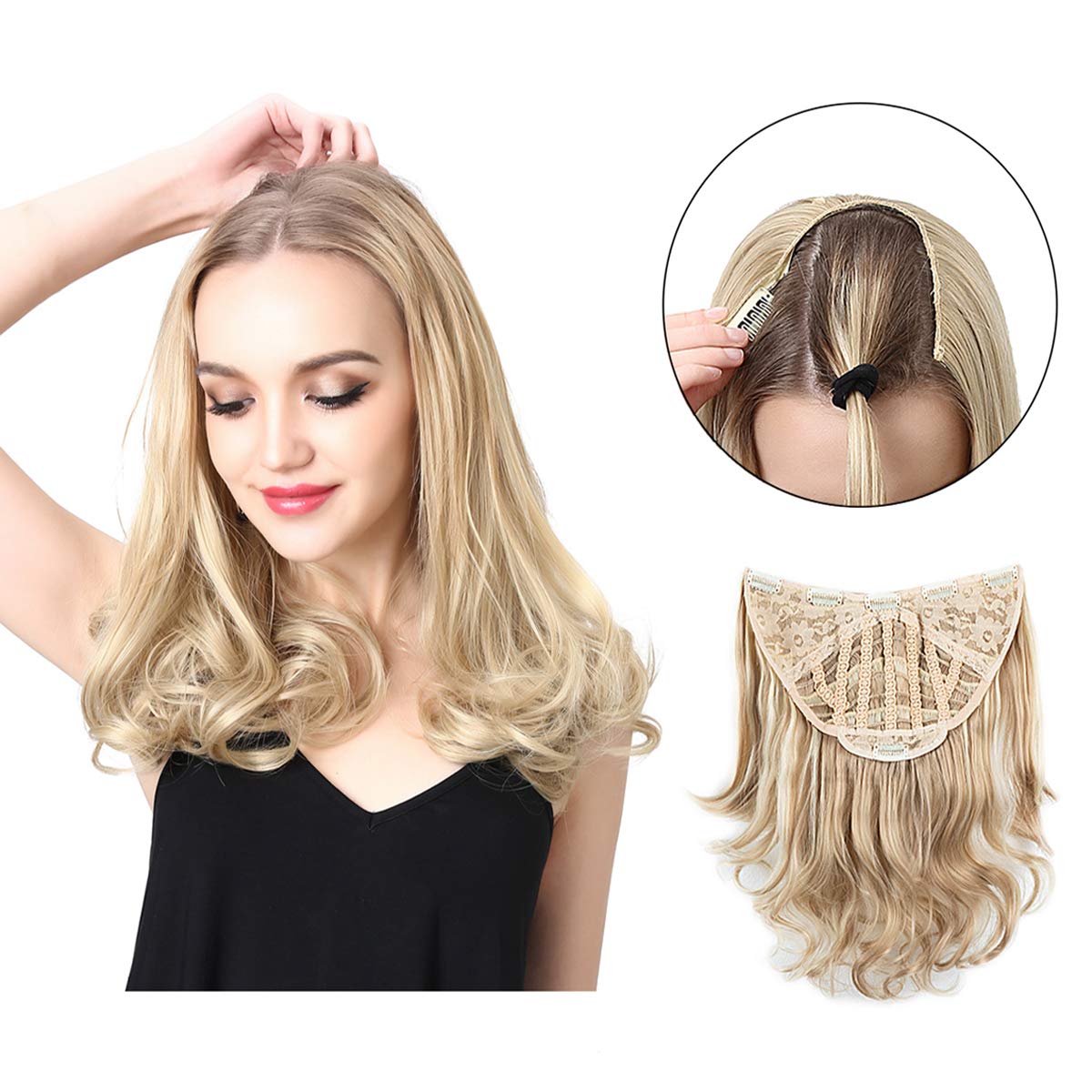 Short U Part Hair Extensions Clip in on Full Head Curly Wave Synthetic Hair pieces for Women 16 Inch