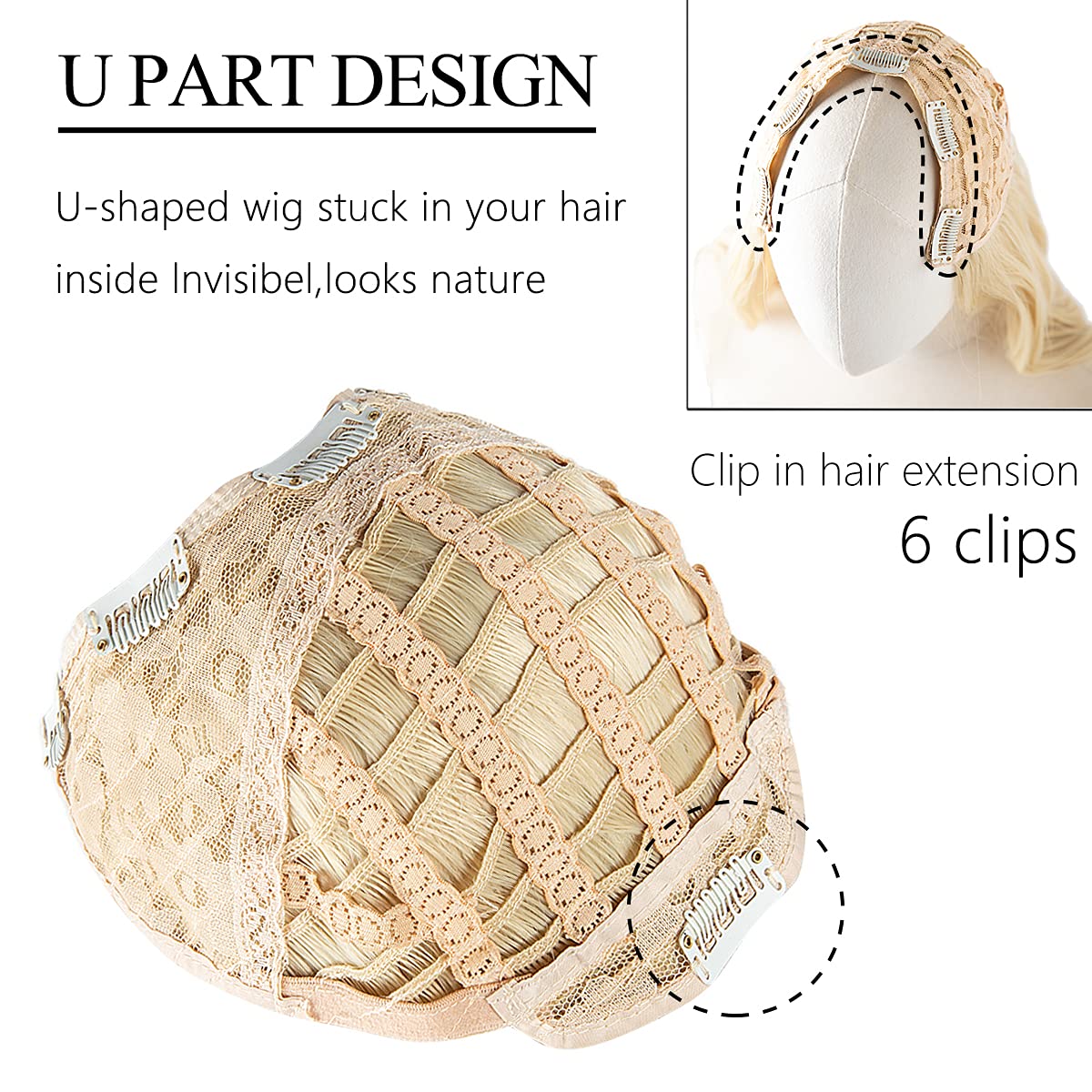 Short U Part Hair Extensions Clip in on Full Head Curly Wave Synthetic Hair pieces for Women 16 Inch