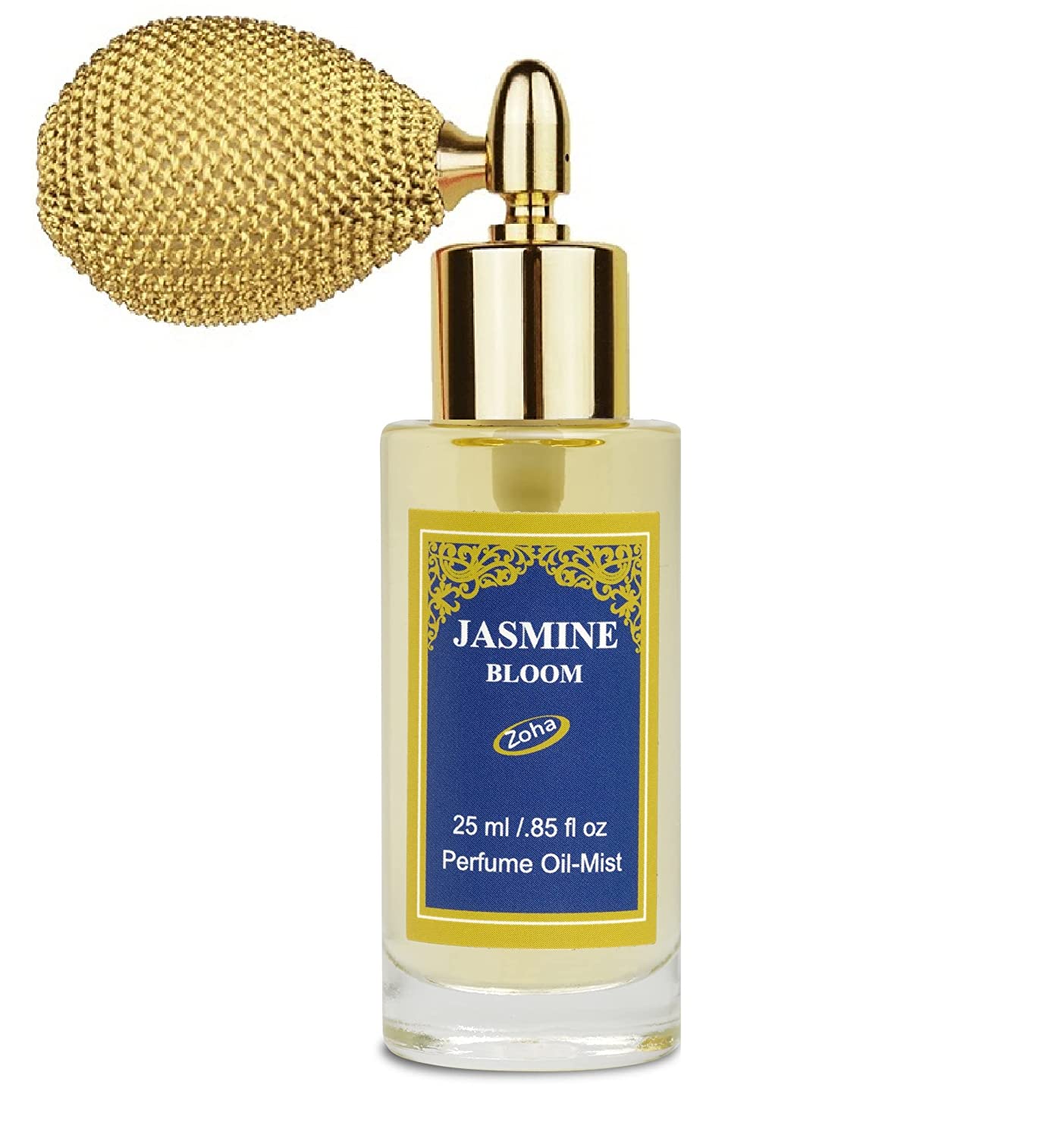 Jasmine Bloom - Alcohol Free, oil-based Perfume with Vintage Style Bulb Spray by Zoha, 25 ml/.85 oz