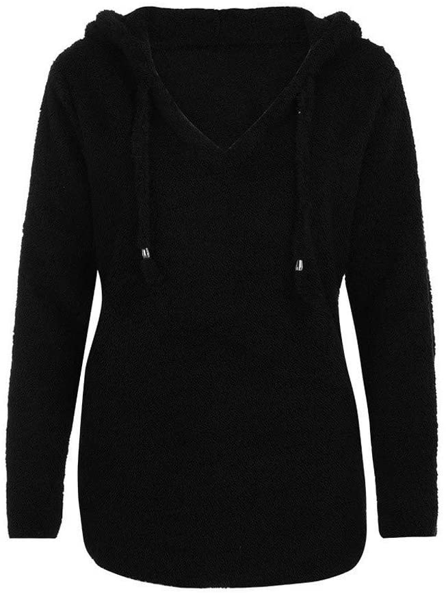 Dosoop Womens Solid Color Casual Fleece Fluffy Crewneck Long Sleeve Blouse Winter Warm Sweatshirt Ho