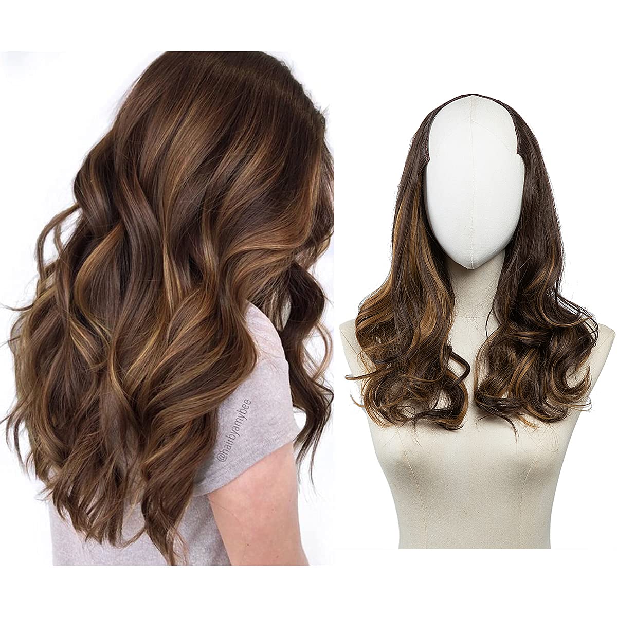 Dark Brown/Golden U Part Hair Extensions Curly Wave Full Head Long Clip