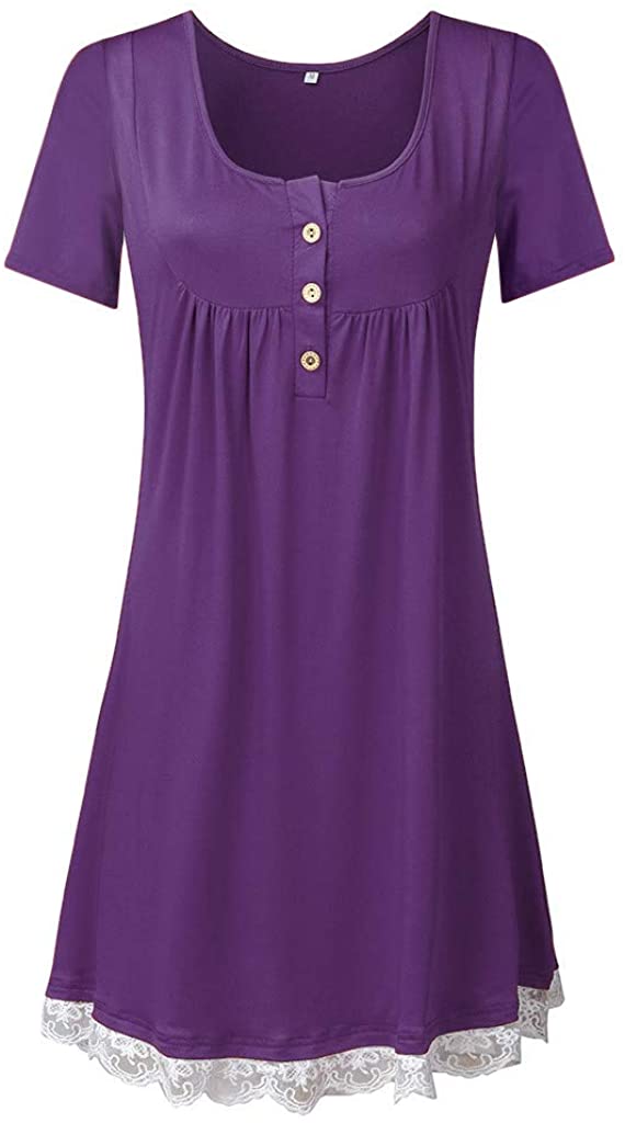 HebeTop ✰ Womens Fashion Short Sleeves Dress Lined with Lace Trim