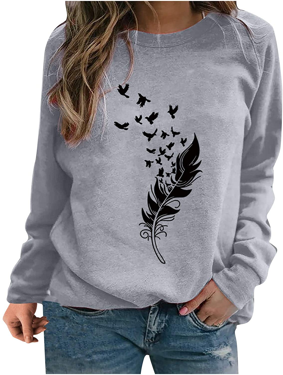 Sweatshirts for Women, Casual Long Sleeve Sweatshirts Feather Graphic Pullover Blouse Sweatshirts Pl