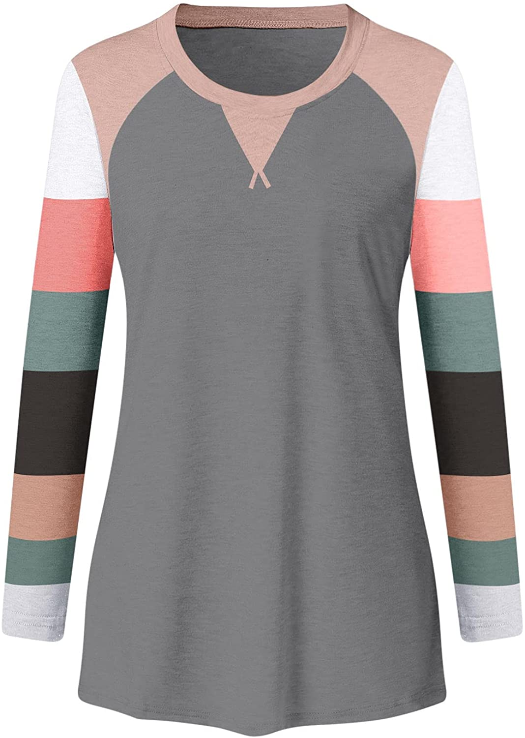 HHoo88 Womens Long Sleeve Tops,Women Casual Color Block Stripe Print Sweatshirt Loose Fit Comfy Crew