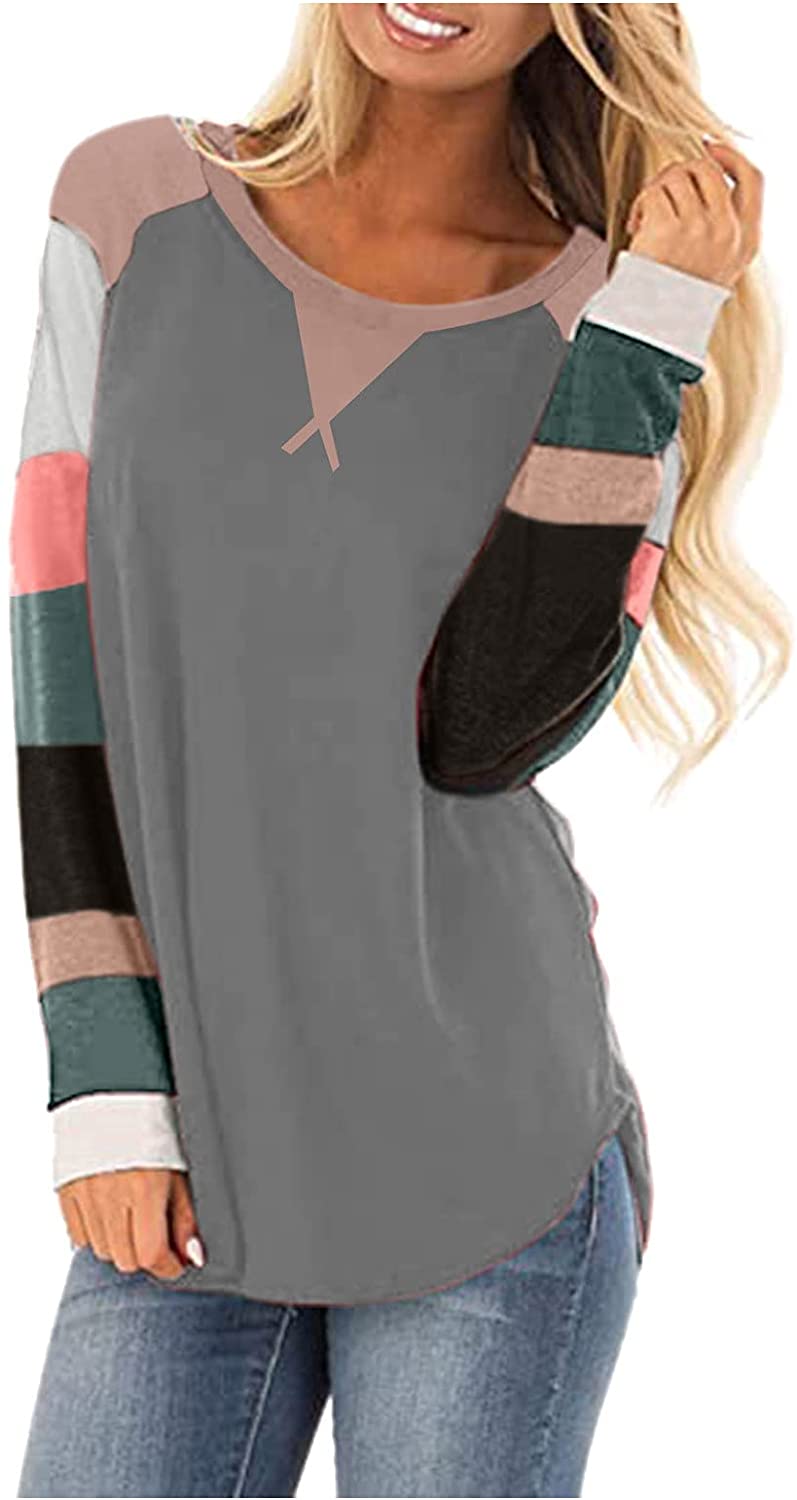 HHoo88 Womens Long Sleeve Tops,Women Casual Color Block Stripe Print Sweatshirt Loose Fit Comfy Crew