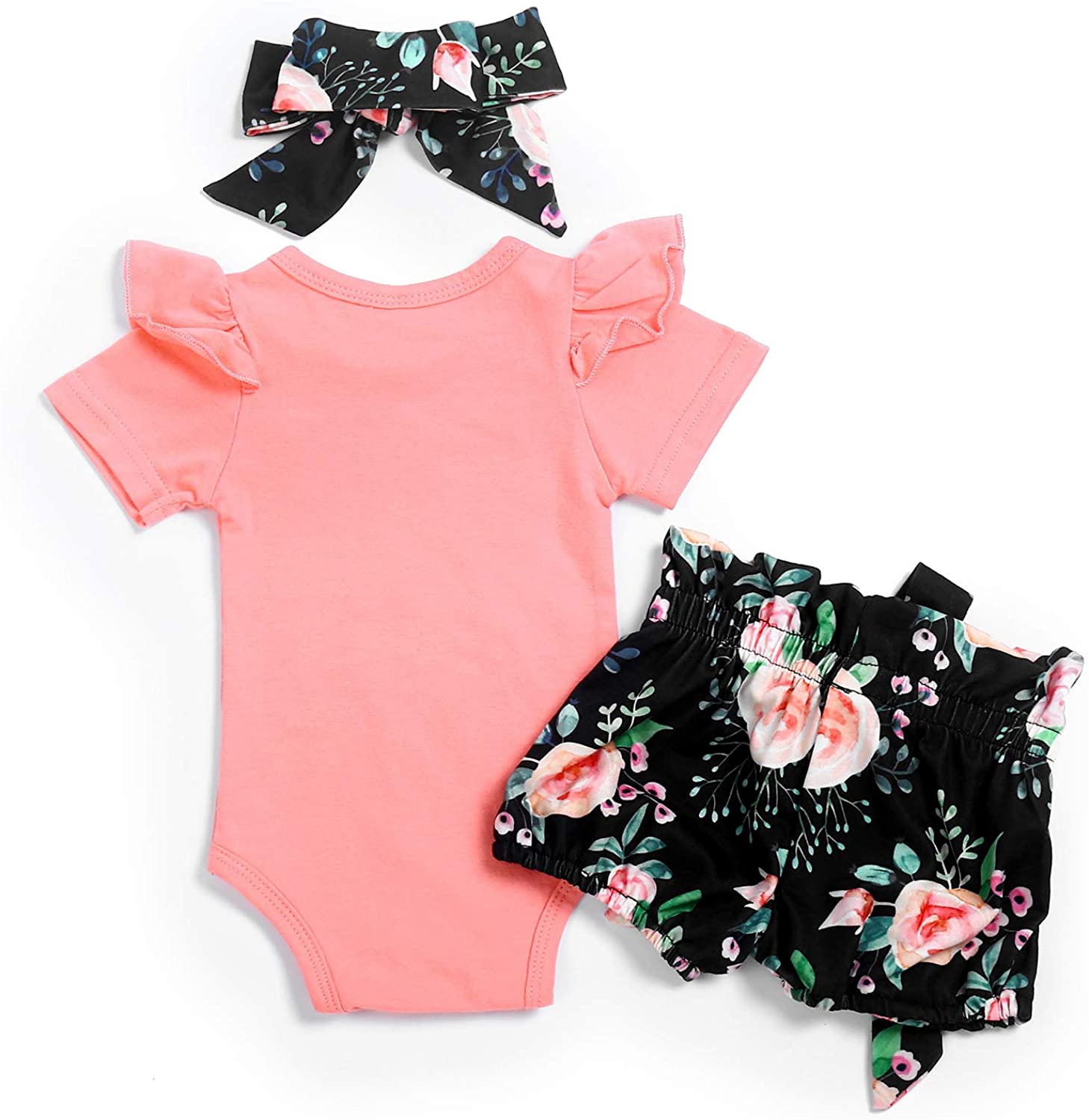 Newborn Baby Girl Clothes Outfit Infant Romper Bodysuit Ruffle Floral Summer Short Sleeve Pants 3Pcs