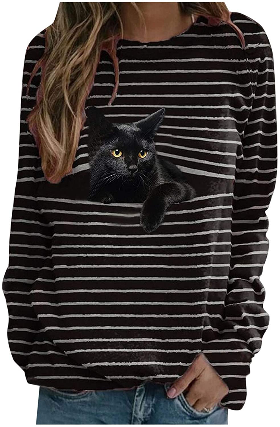 Dosoop Women Long Sleeve Tshirts Black 3D Cat Striped Shutters Print Casual Crewneck Teen Girls Juni
