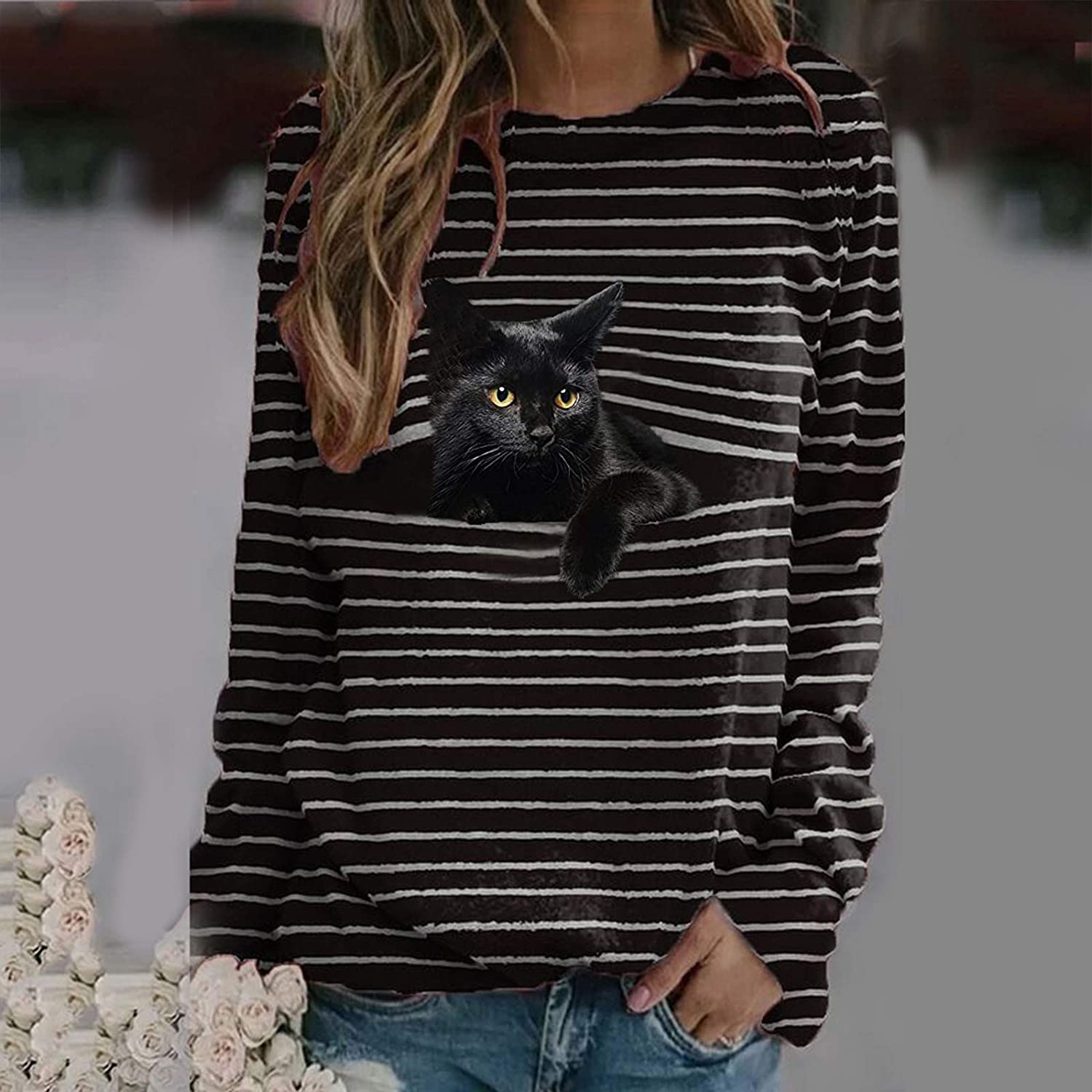 Dosoop Women Long Sleeve Tshirts Black 3D Cat Striped Shutters Print Casual Crewneck Teen Girls Juni