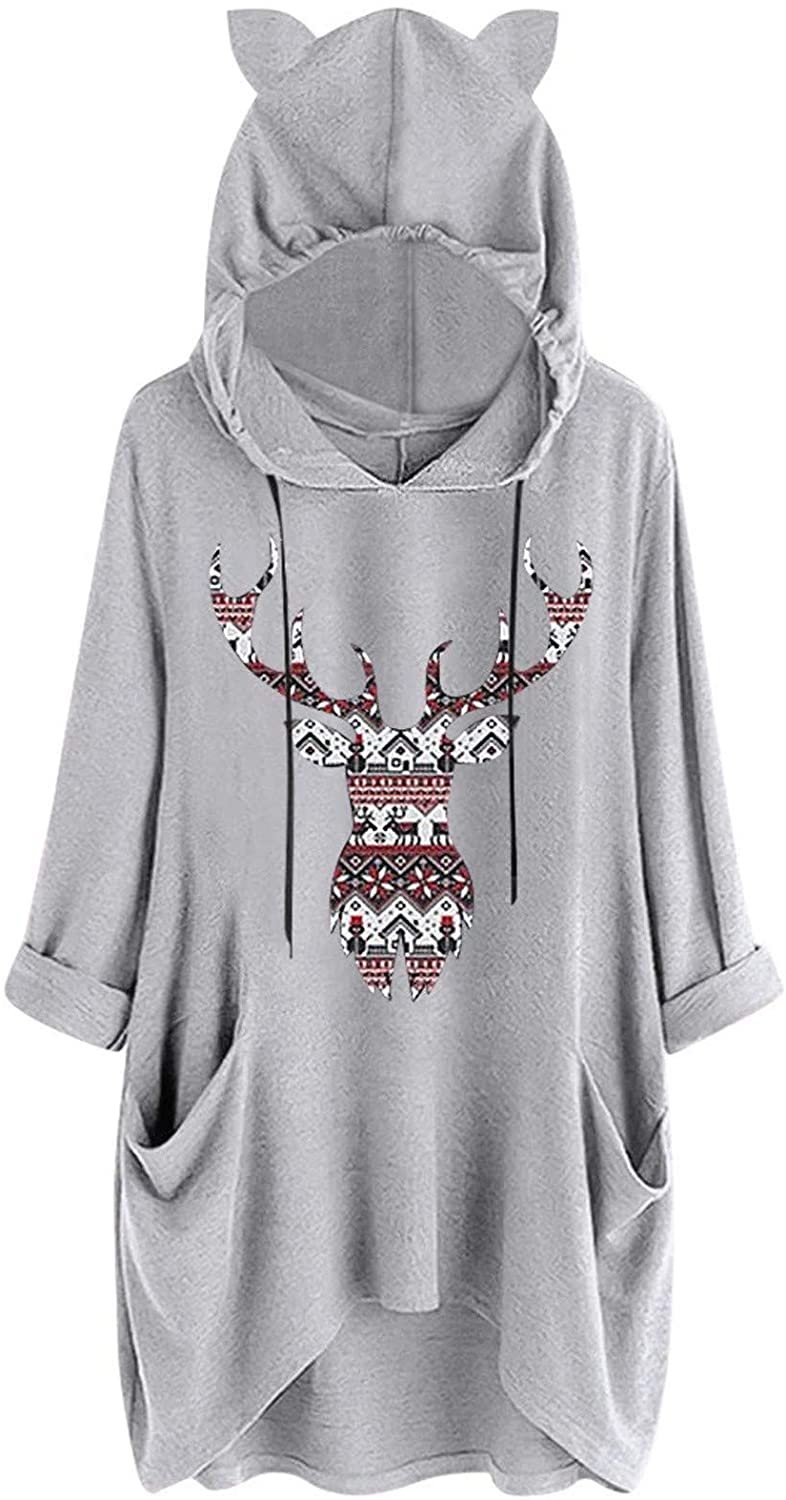 Dosoop Womens Christmas Hoodie Sweatshirts Casual Tunic Tops Hooded Long Sleeve Reindeer Graphics T