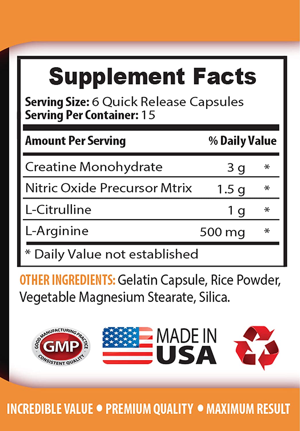Nitric Oxide Capsules - CREATINE & Nitro Pump Complex - l-arginine Capsules, 1 Bottle (90 Capsules)
