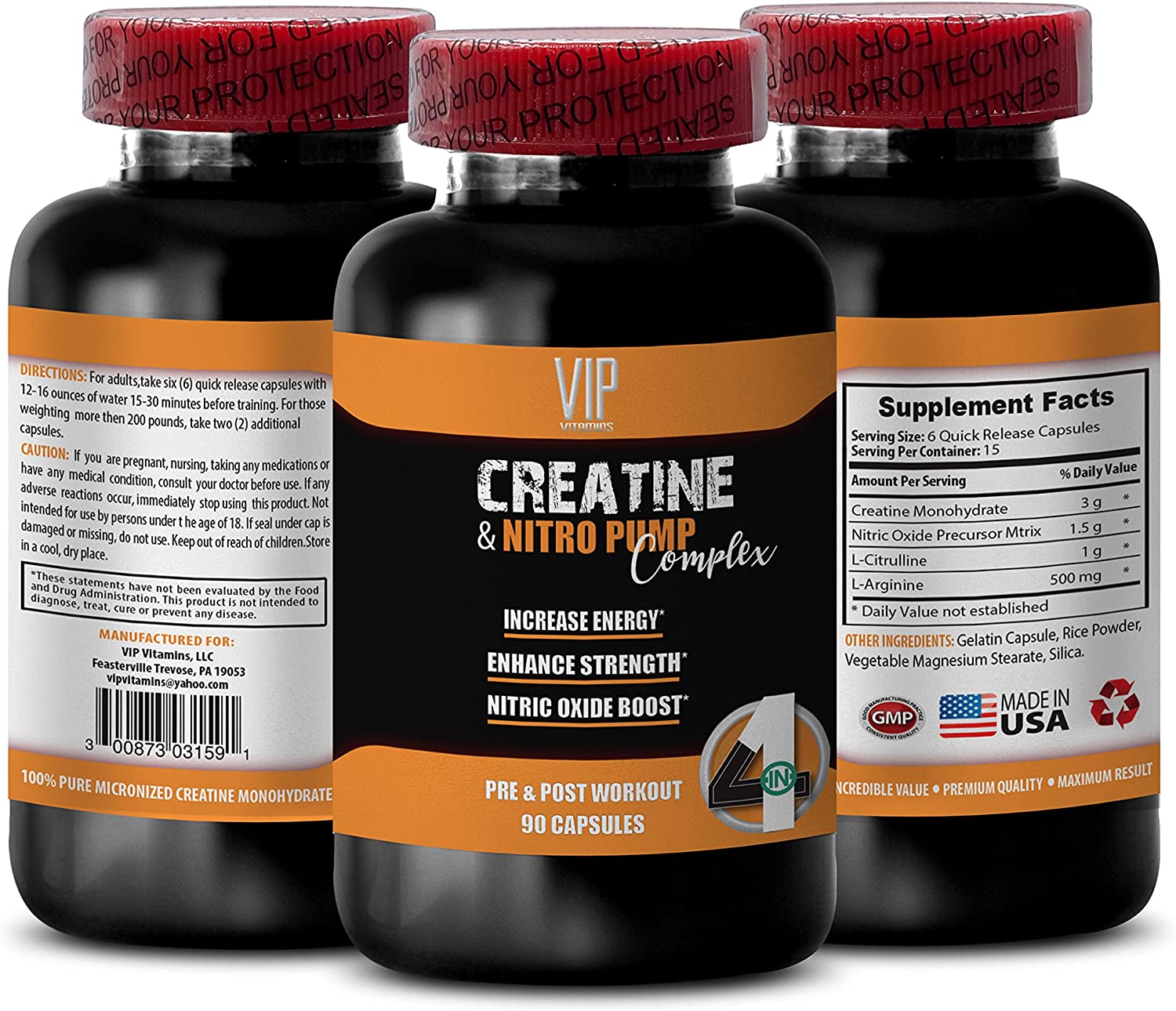 Nitric Oxide Capsules - CREATINE & Nitro Pump Complex - l-arginine Capsules, 1 Bottle (90 Capsules)