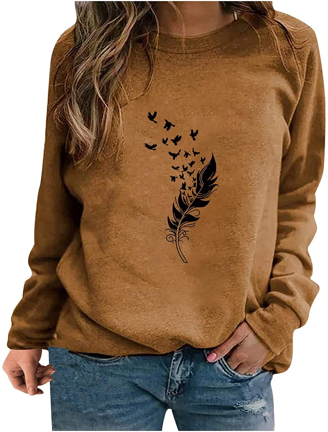 Sweatshirts for Women, Casual Long Sleeve Sweatshirts Feather Graphic Pullover Blouse Sweatshirts Pl